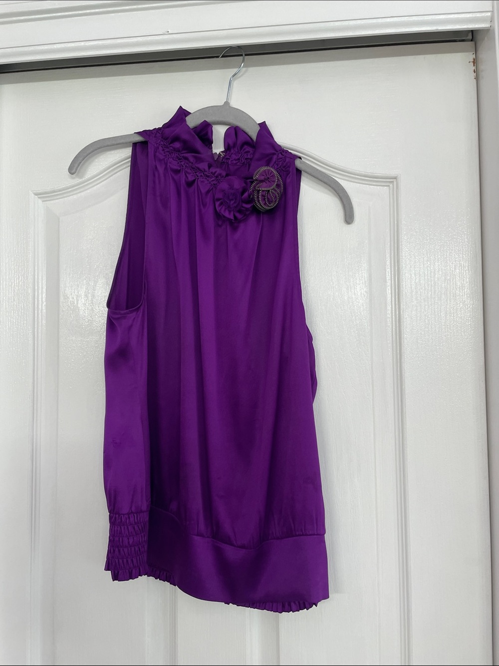 bebe Purple Ruffled High-Neck Sleeveless Camisole with Rosette Detail
